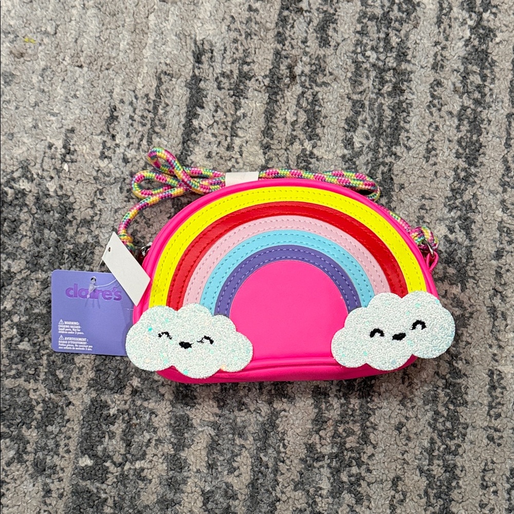 Claire's Pink Rainbow Crossbody Bag with Glitter Clouds